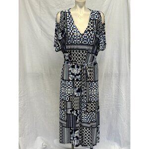 Westport 1962 Womens Blue‎ Black Geometric Maxi Dress Size L Belted Tie Waist